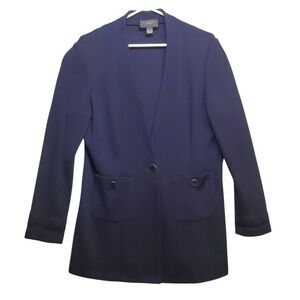 ST JOHN CAVIAR Navy Blue Wool Rayon Knit Blazer Jacket Womens Size 8 USA Made